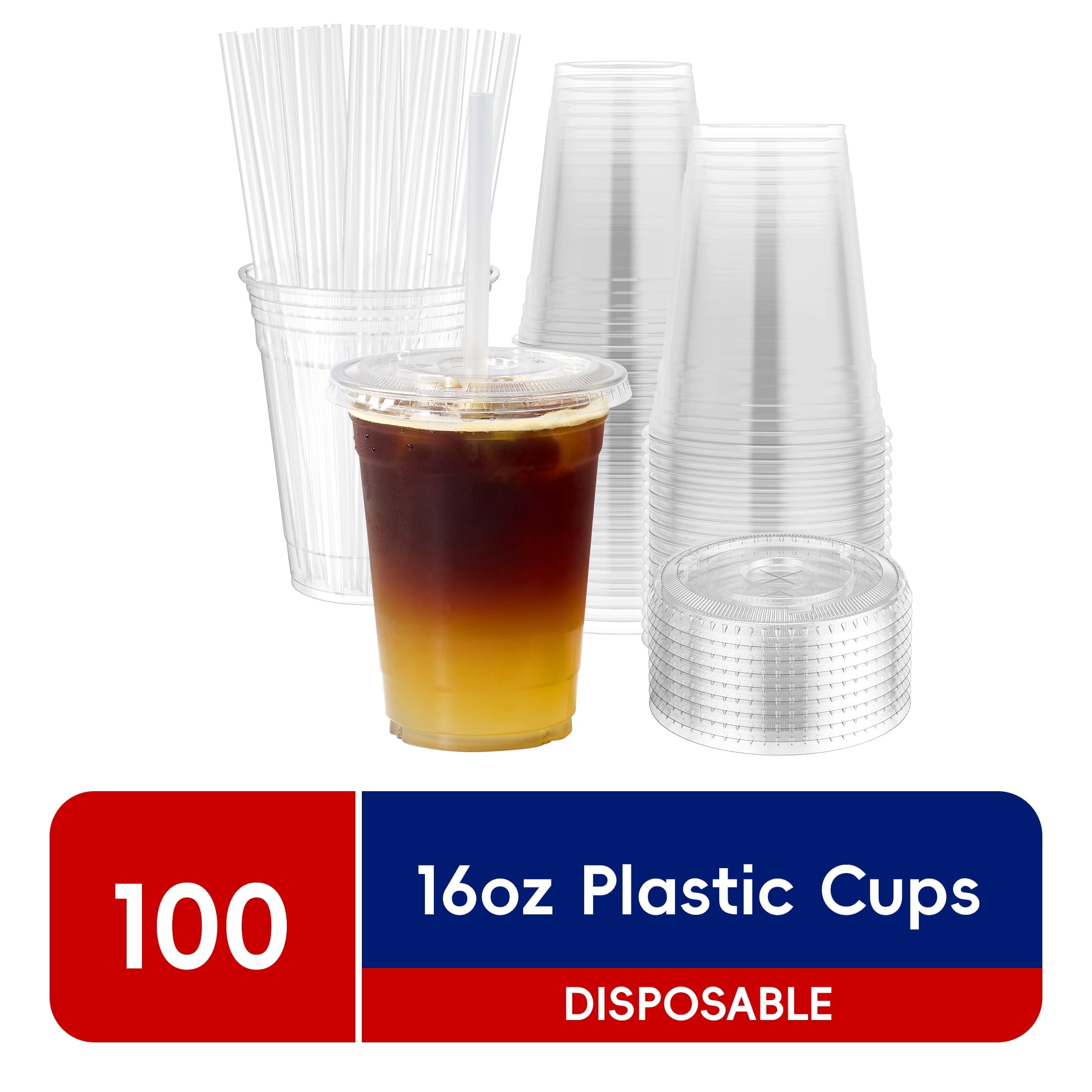 JOLLY CHEF [100 Sets - 16oz] Plastic Cups with Lids and Straws, Disposable Togo Drinking Cups