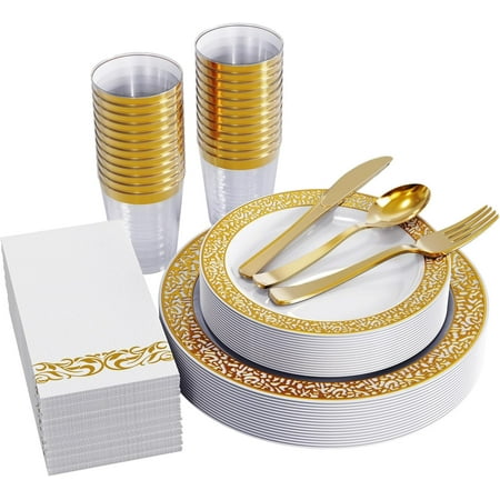 JOLLY CHEF 140 Ct Gold Dinnerware Set for 20 Guests, White Plastic Plates with Gold Lace Rim Design, Including 20 Disposable Dinner & Dessert Plates, Cups, Napkins, Cutlery Set