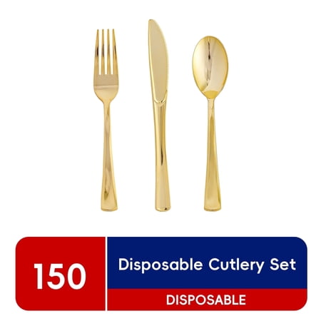 JOLLY CHEF 150 Count Gold Plastic Silverware Set - 50 Forks, 50 Knives, 50 Spoons - Heavy Duty Plastic Cutlery Set Disposable Flatware