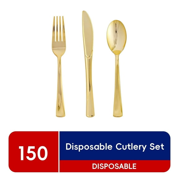 JOLLY CHEF 150 Count Gold Plastic Silverware Set - 50 Forks, 50 Knives, 50 Spoons - Heavy Duty Plastic Cutlery Set Disposable Flatware