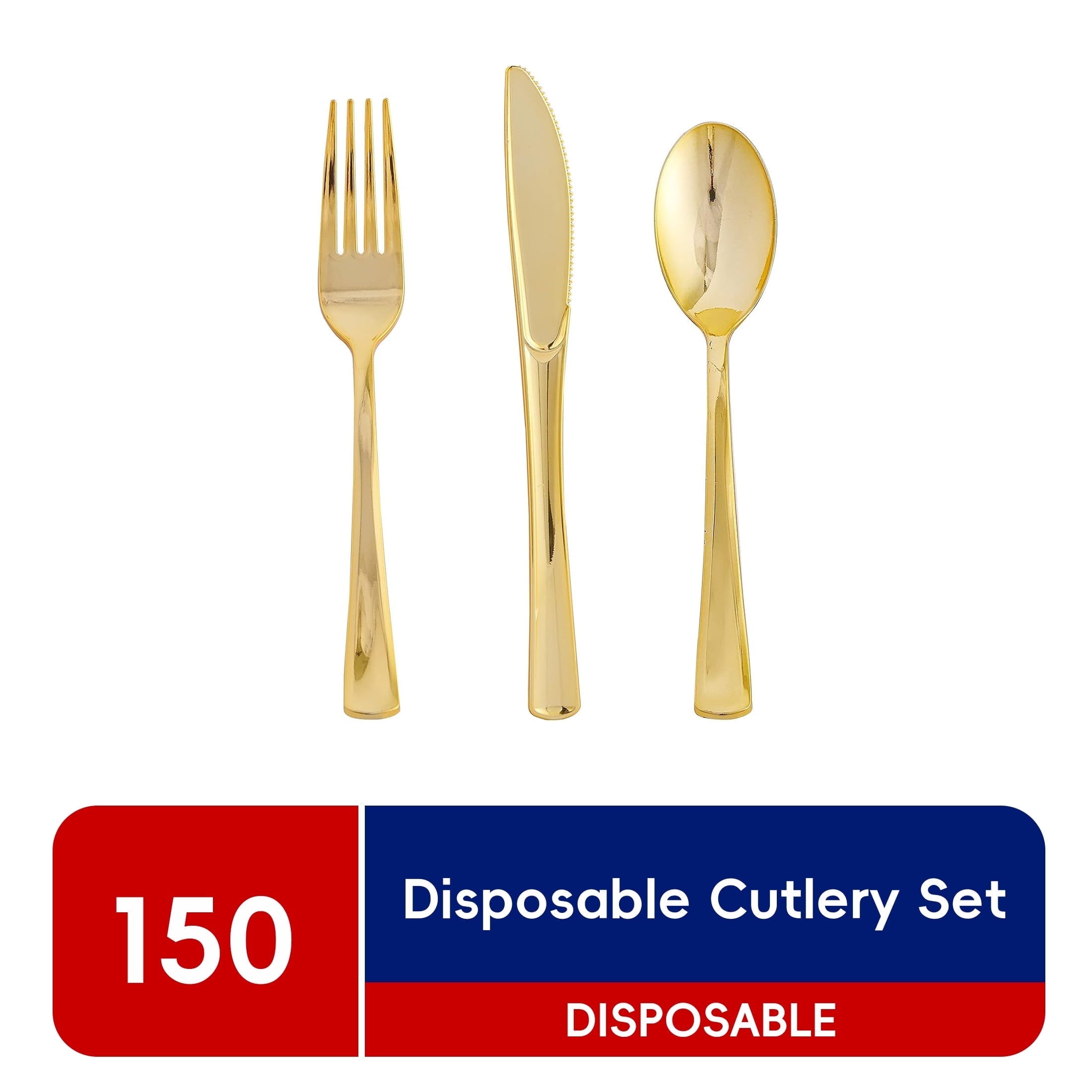 JOLLY CHEF 150 Count Gold Plastic Silverware Set - 50 Forks, 50 Knives, 50 Spoons - Heavy Duty Plastic Cutlery Set Disposable Flatware