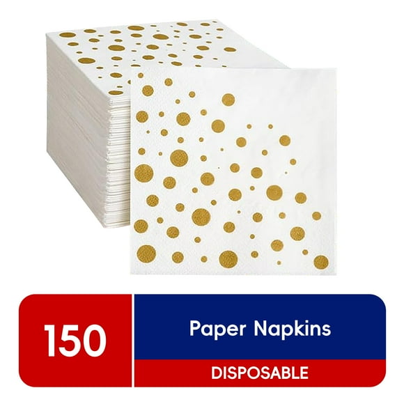 JOLLY CHEF 150 Pack Cocktail Napkins Paper, 3-Ply Beverage Napkins, Disposable Gold Square Napkins,