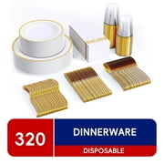 JOLLY CHEF 320 Piece Gold Rim Disposable Plastic Plates Dinnerware Sets,45 Guests