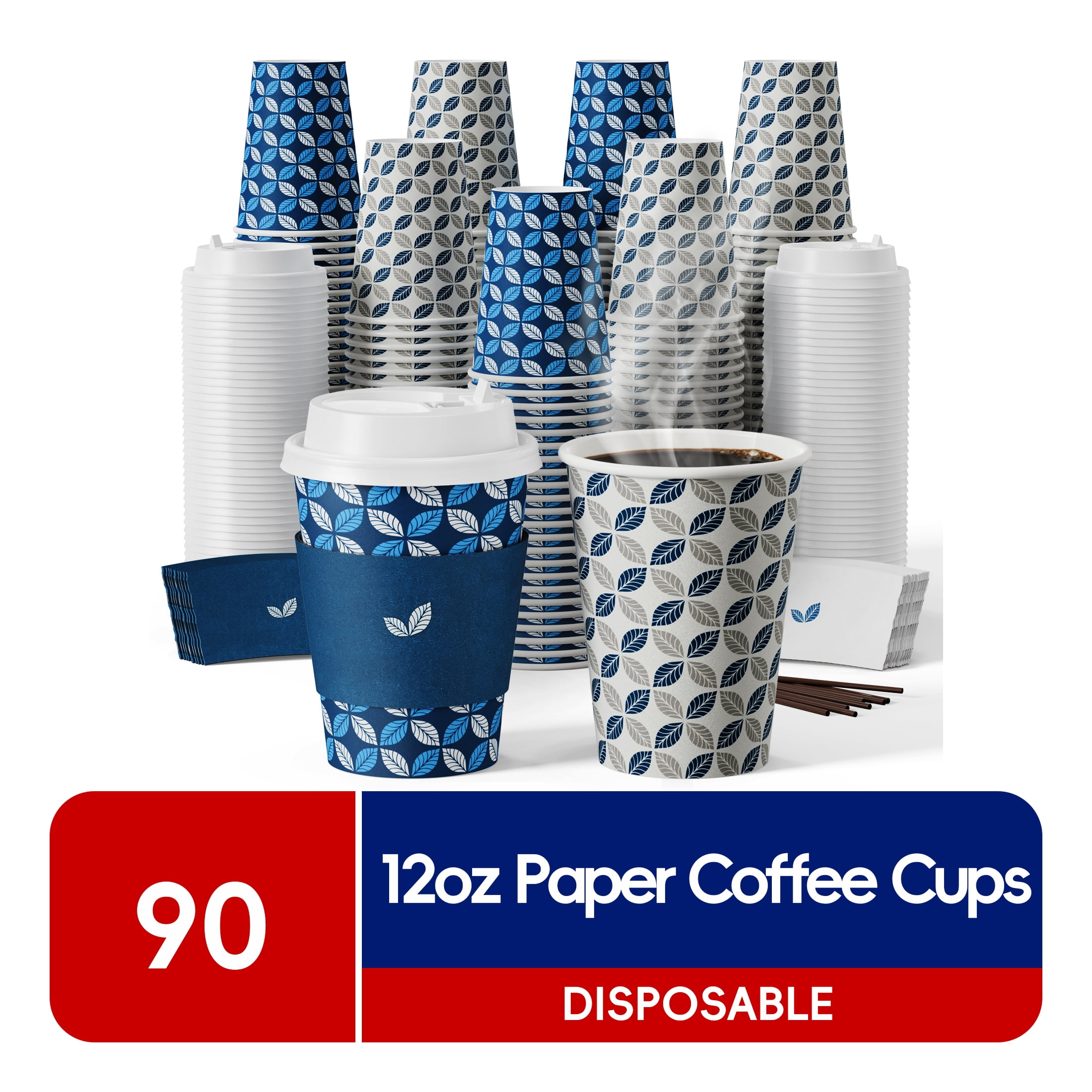 JOLLY CHEF 90 Pack 12 oz Paper Coffee Cups, Disposable Paper Cups with Lids, Sleeves and Stirrers