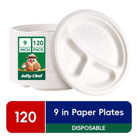 JOLLY CHEF 120 Pack 3 Compartment Paper Plates, Heavy-Duty Disposable Paper Plates, 9 inch Eco-Friendly Sugarcane Bagasse Divided Plates for Dinner