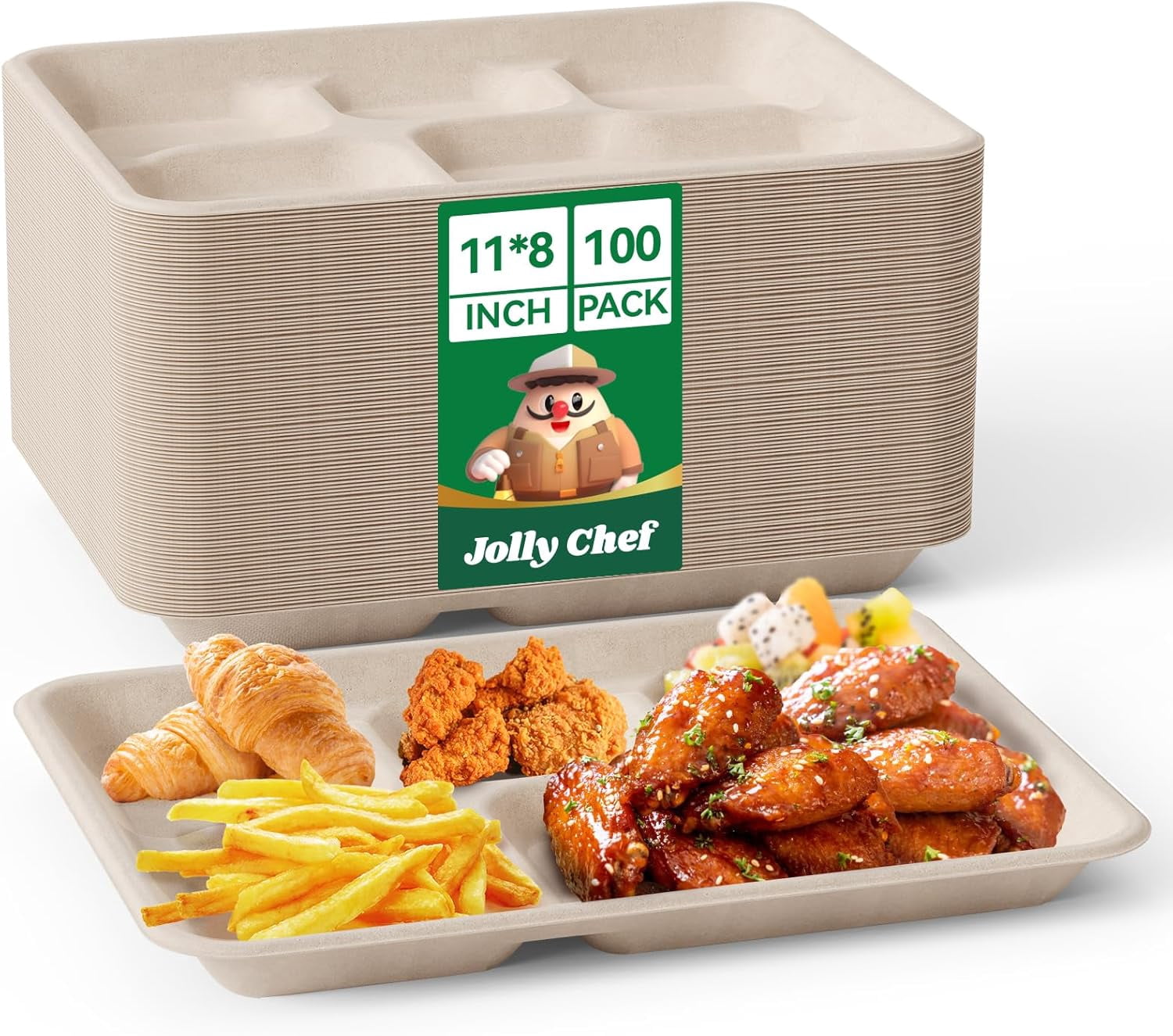 JOLLY CHEF Compostable 𝟱 Compartment 𝟭𝟭 * 𝟴 𝗶𝗻𝗰𝗵 Paper Plates [𝟭𝟬𝟬 𝗣𝗮𝗰𝗸 ...