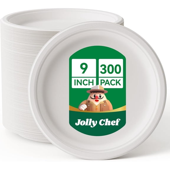 JOLLY CHEF Compostable Heavy Duty Plates 9 Inch [300 Pack] Eco-Friendly Disposable White Paper Plates Bagasse Biodegradable Sugarcane Bulk for Party Dinner Lunch Hot Cold Foods Christmas