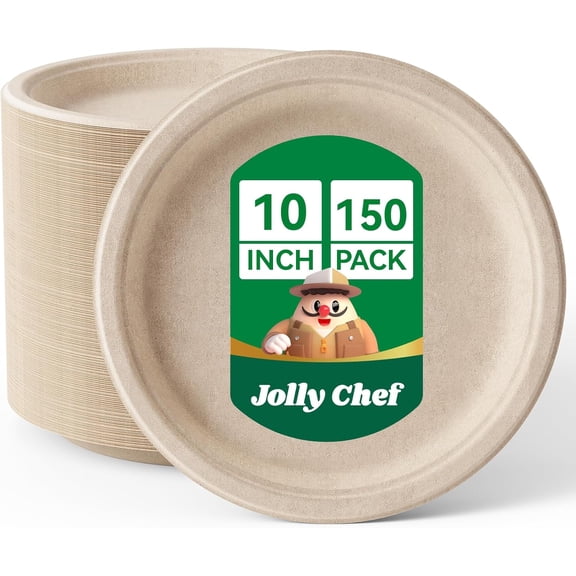 JOLLY CHEF Compostable Heavy Duty Plates 𝟭𝟬 𝗜𝗻𝗰𝗵 [𝟭𝟱𝟬 𝗣𝗮𝗰𝗸] Eco-Friendly Disposable Natural Paper Plates Bagasse Biodegradable Bulk for Party Dinner Thanksgiving Day (Brown)