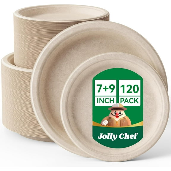 JOLLY CHEF Compostable Heavy Duty Plates 𝟳 𝗶𝗻𝗰𝗵 𝗮𝗻𝗱 𝟵 𝗶𝗻𝗰𝗵 [𝟭𝟮𝟬 𝗣𝗮𝗰𝗸] Eco-Friendly Disposable Paper Plates Bagasse Biodegradable Sugarcane for Party Hot Cold Foods Christmas(Brown)
