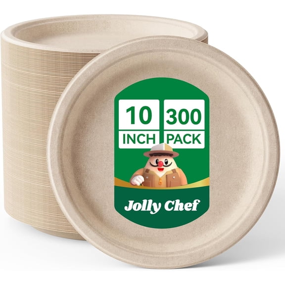JOLLY CHEF Compostable Heavy Duty Plates 𝟭𝟬 𝗜𝗻𝗰𝗵 [𝟯𝟬𝟬 𝗣𝗮𝗰𝗸] Eco-Friendly Disposable Paper Plates Made of Bagasse Biodegradable Bulk for Party Dinner Sugarcane Thanksgiving Day (Natural)