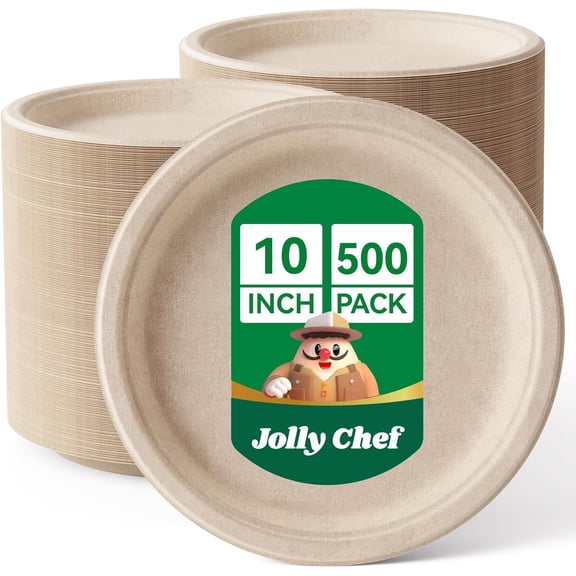 JOLLY CHEF Compostable Heavy Duty Plates 𝟭𝟬 𝗜𝗻𝗰𝗵 [𝟱𝟬𝟬 𝗣𝗮𝗰𝗸] Eco-Friendly Disposable Paper Plates Natural Bagasse Biodegradable Sugarcane Bulk for Party Hot Cold Dinner Christmas (Brown)