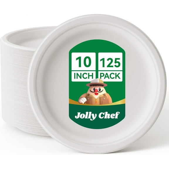 JOLLY CHEF Compostable Heavy Duty Plates 𝟭𝟬 𝗜𝗻𝗰𝗵 [𝟭𝟮𝟱 𝗣𝗮𝗰𝗸] Eco-Friendly Disposable White Paper Plates Made of Bagasse Biodegradable for Party Dinner Sugarcane Fibers Thanksgiving Day