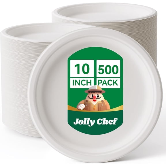 JOLLY CHEF Compostable Heavy Duty Plates 𝟭𝟬 𝗜𝗻𝗰𝗵 [𝟱𝟬𝟬 𝗣𝗮𝗰𝗸] Eco-Friendly Disposable White Uncoated Paper Plates Bagasse Sugarcane Biodegradable for Hot Cold Food Party Dinner Christmas