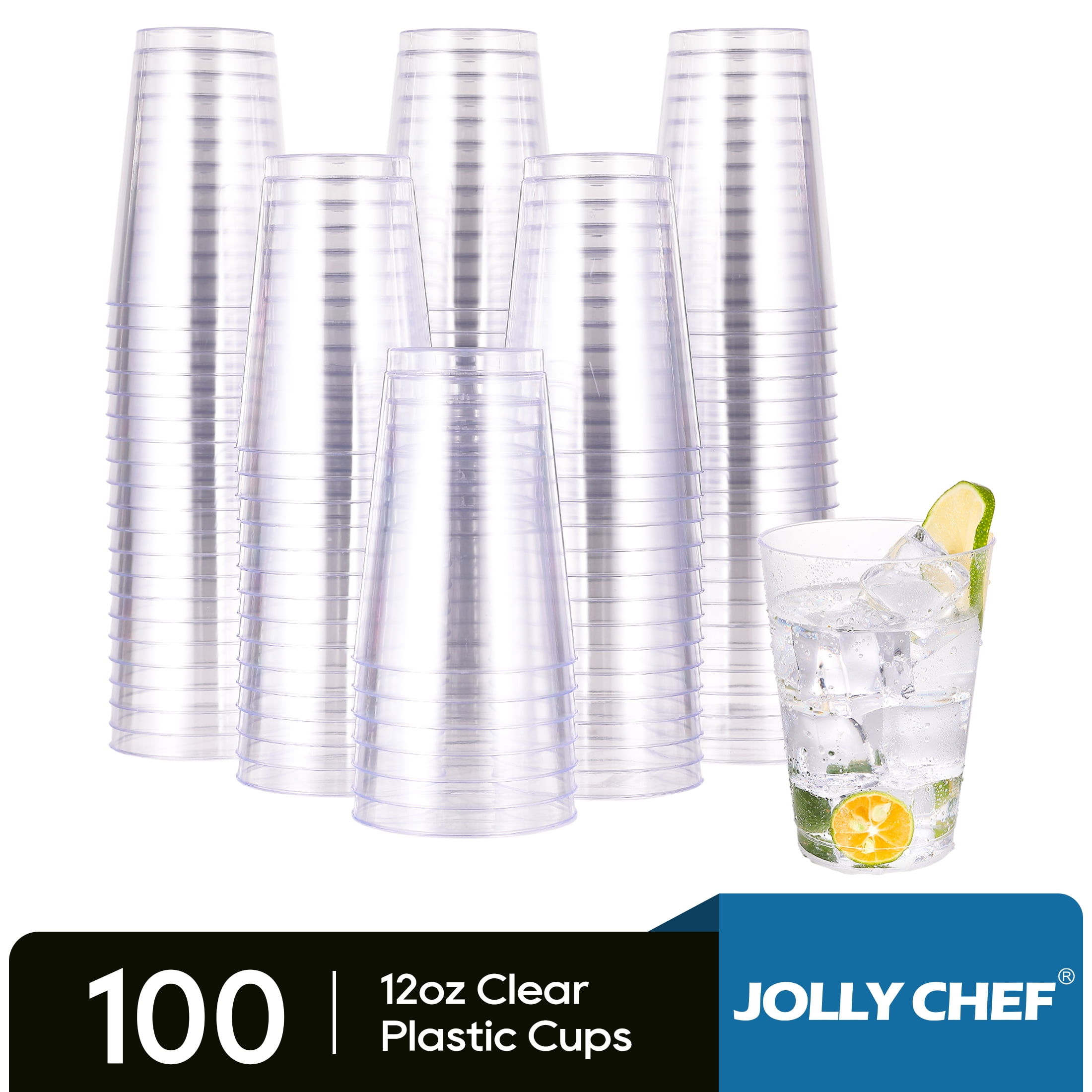 JOLLY CHEF Disposable Clear Plastic Cups, Clear, 12 oz, 100 Pack