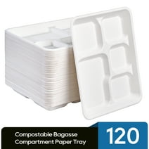 JOLLY CHEF Disposable Compostable 5 Compartment Paper plates, 10*8 inch, 120 Pack,Perfect for Boys and Girls