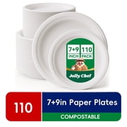 JOLLY CHEF Disposable Compostable Paper Plates 110 Pack, 7 in and 9 in