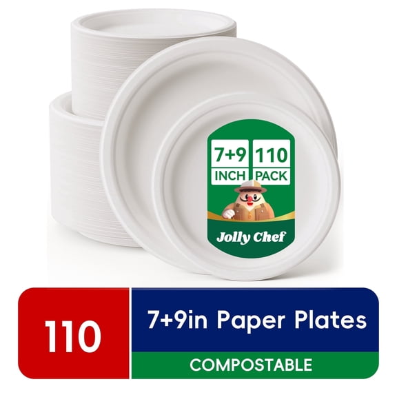 JOLLY CHEF Disposable Compostable Paper Plates 110 Pack, 7 in and 9 in