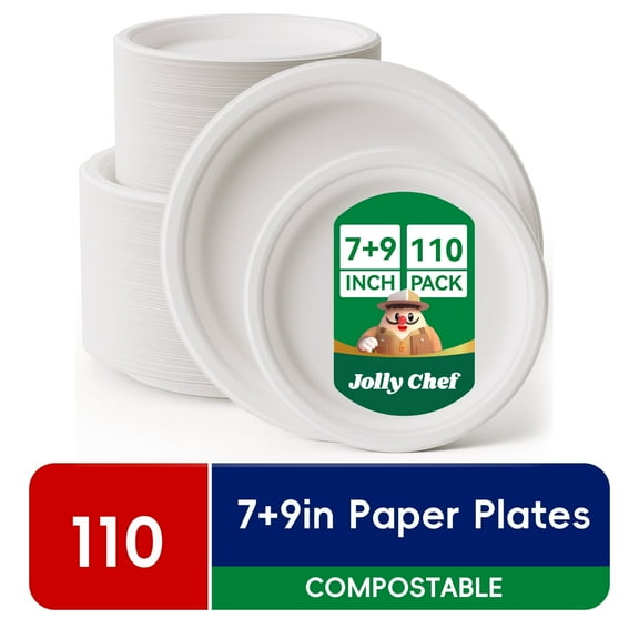 JOLLY CHEF Disposable Compostable Paper Plates 110 Pack, 7 in and 9 in