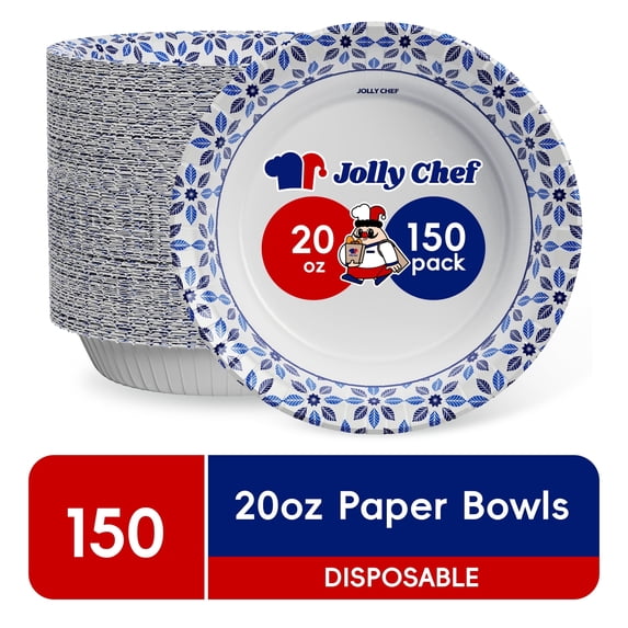 JOLLY CHEF Disposable Paper Bowls, Strong, Soak Proof, Microwave Safe, 20 oz, Patterned, 150 Count