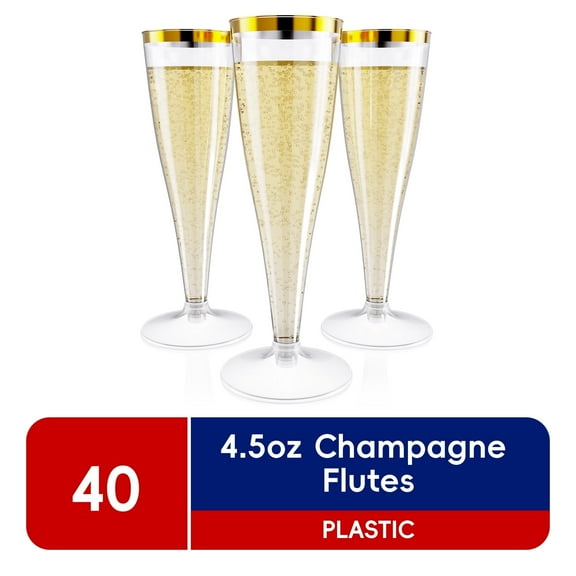 JOLLY CHEF Disposable Plastic Champagne Flutes,Gold Rim,4.5 oz,40 Pack