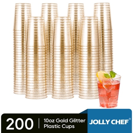 JOLLY CHEF Disposable Plastic Cups, Gold Glitter, 10oz, 200Pack