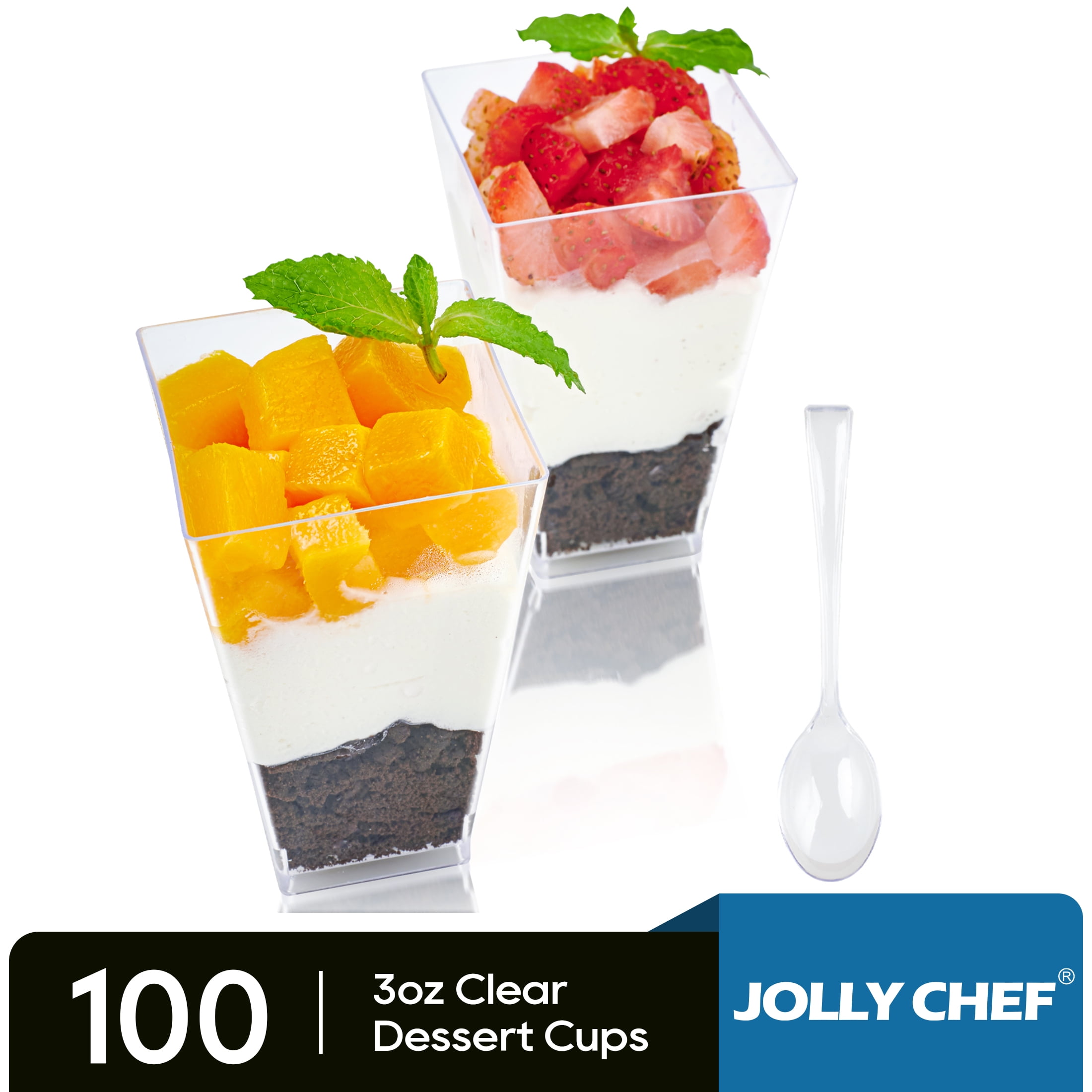 JOLLY CHEF 3 oz Clear Plastic Dessert Cups with Spoons, Reusable