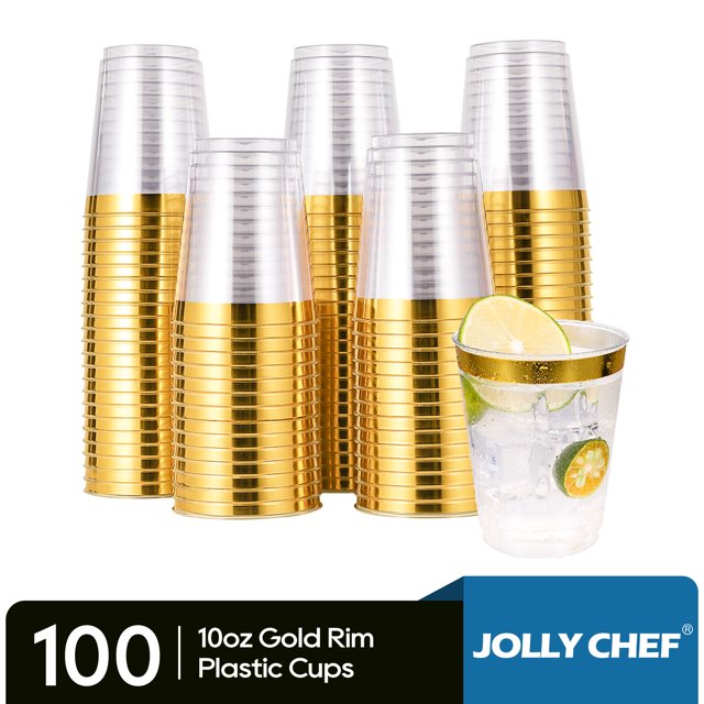 JOLLY CHEF Gold Rim Plastic Cups,Disposable Clear Plastic Cups, 10oz, 100Pack