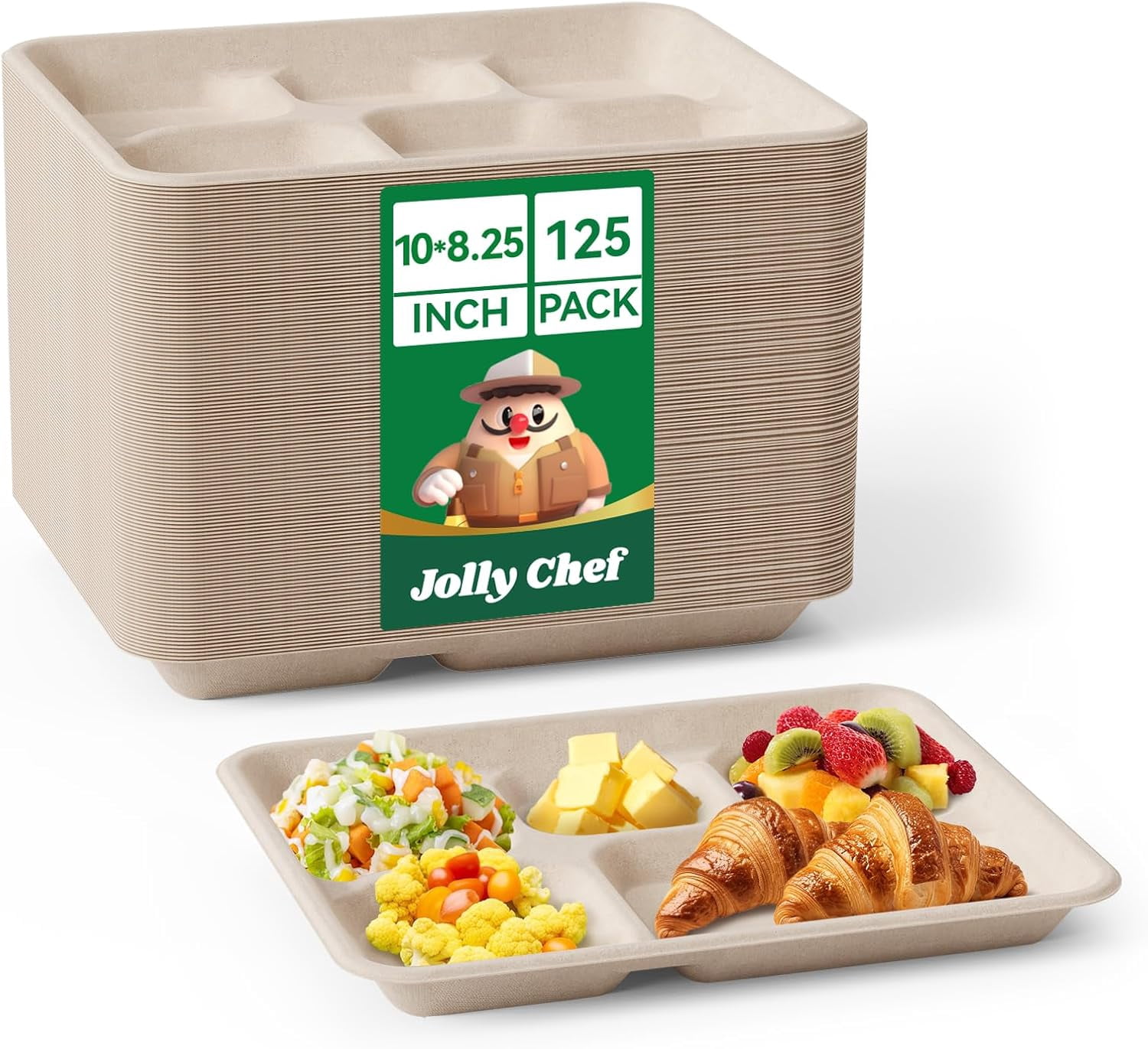 JOLLY CHEF Small Compostable 5 Compartment Paper Plates 10 * 8.25 * 1 ...