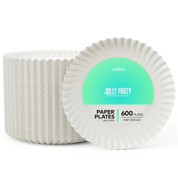 JOLLY PARTY 8.5 inch MMF7 Paper Plates Uncoated,600 Count Everyday Disposable Plates, Light Weight Paper Plates White, Round Dinner Paper Plates, Large Paper Plates Lunch, for Home and Office