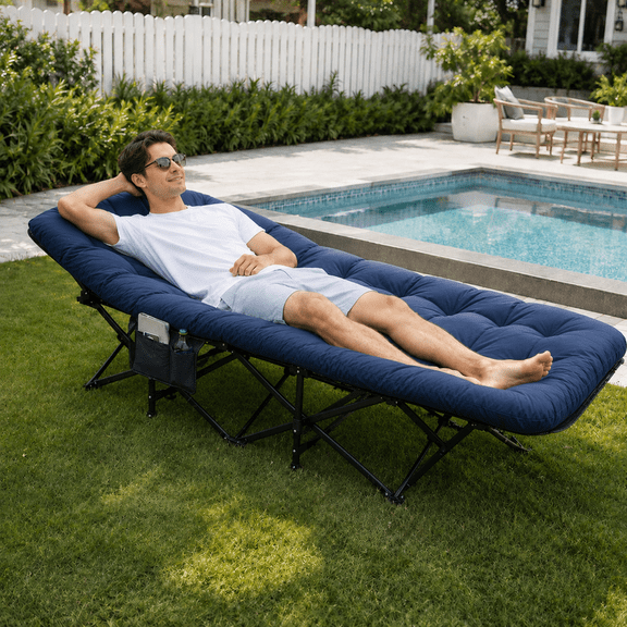 JOLLYDAY Portable Folding Camping Cot for Adults with Removable Mattress, Double-Layer 1200D Oxford Fabric and Carry Bag, Navy Blue