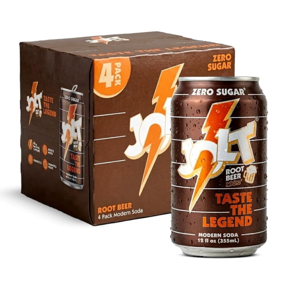 JOLT Modern Soda - Root Beer, Zero Sugar, 80mg Caffeine, Vitamins B6 B12 B5, Prebiotics, Taurine, Alpha GPC, Green Coffee Bean Caffeine, No Fruit Juice, 1g Prebiotic Fiber, 12 fl oz (4 cans)