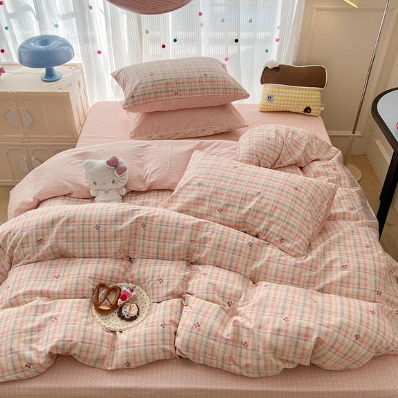3 Pieces Cherry Pink Blue Striped Checked Pattern Duvet Cover Queen Set, Soft Cherry Stripes Bedding Set for Girls Adults