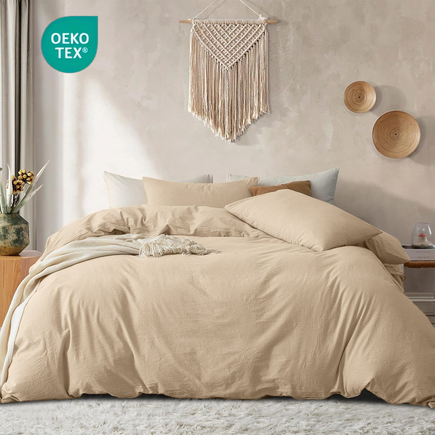 JOLUSERE 100% Organic Yarn-Dyed Cotton Duvet Cover King Set, 3 Pieces Cotton Bedding Duvet Cover,Ultra Soft & Fade Resistant,Khaki