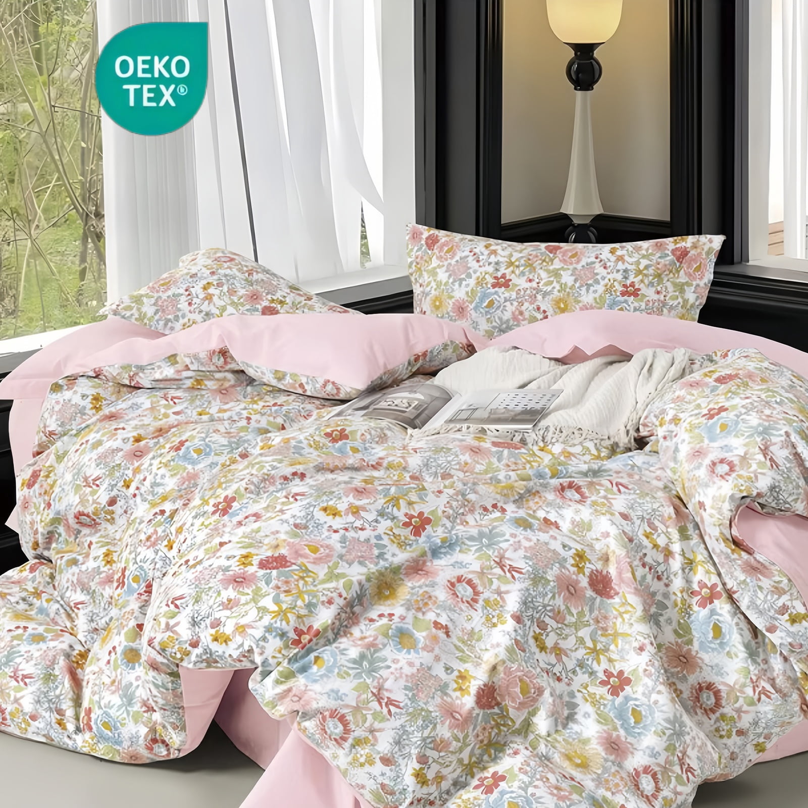 JOLUSERE 100% Organic Cotton Duvet Cover Sets King Size, 3 Pieces Colorful Pink Floral Reversible Soft Bedding Sets