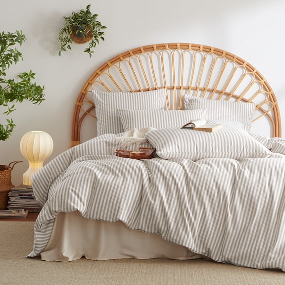 JOLUSERE 100% Organic Cotton Striped Duvet Cover King Set, 3-Piece Linen Like Textured Breathable Bedding Cover(Beige& White Classic Stripes)