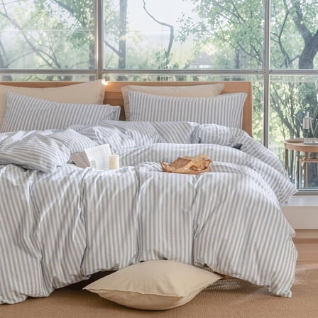 JOLUSERE 100% Organic Cotton Striped Duvet Cover Queen Set, 3-Piece Linen Like Textured Breathable Bedding Cover（Cornflower Blue& White Classic Stripes）