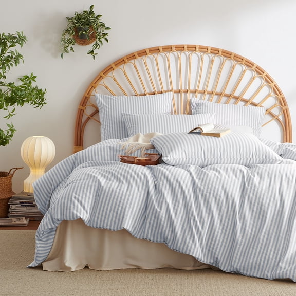 JOLUSERE 100% Organic Cotton Striped Duvet Cover Queen Set, 3-Piece Linen Like Textured Breathable Bedding Cover(Cornflower Blue& White Classic Stripes)