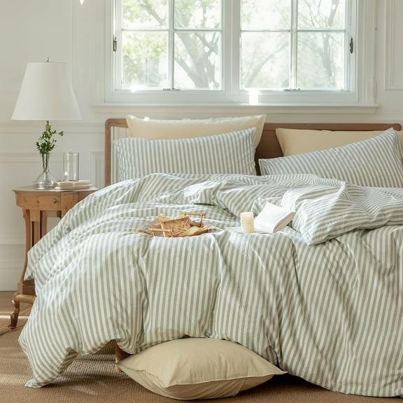 JOLUSERE 100% Organic Cotton Striped Duvet Cover Queen Set, 3-Piece Linen Like Textured Breathable Bedding Cover(Sage Green& White Classic Stripes)