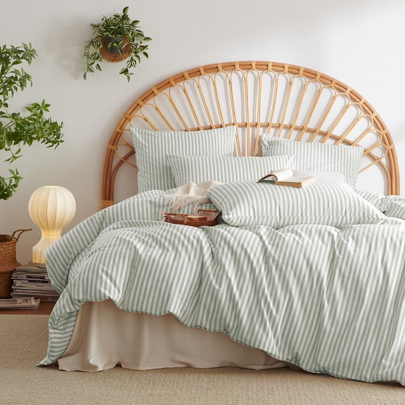 JOLUSERE 100% Organic Cotton Striped Duvet Cover Queen Set, 3-Piece Linen Like Textured Breathable Bedding Cover(Sage Green& White Classic Stripes)