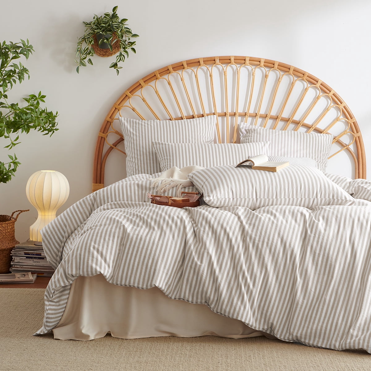 JOLUSERE 100% Organic Cotton Striped Duvet Cover Twin Set, 2-Piece Linen Like Textured Breathable Bedding Cover（Beige& White Classic Stripes）