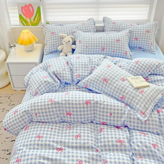 JOLUSERE 2-Piece Blue Plaid Pink Bows Comforter Twin Set , Cute Soft Bedding Set for Kids Adults