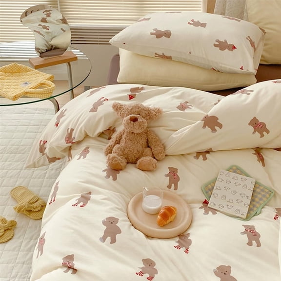 JOLUSERE 2-Piece Brown Bear White Comforter Twin Set,Soft Aesthetic Microfibre Quilt Bedding Set for Kids Adults