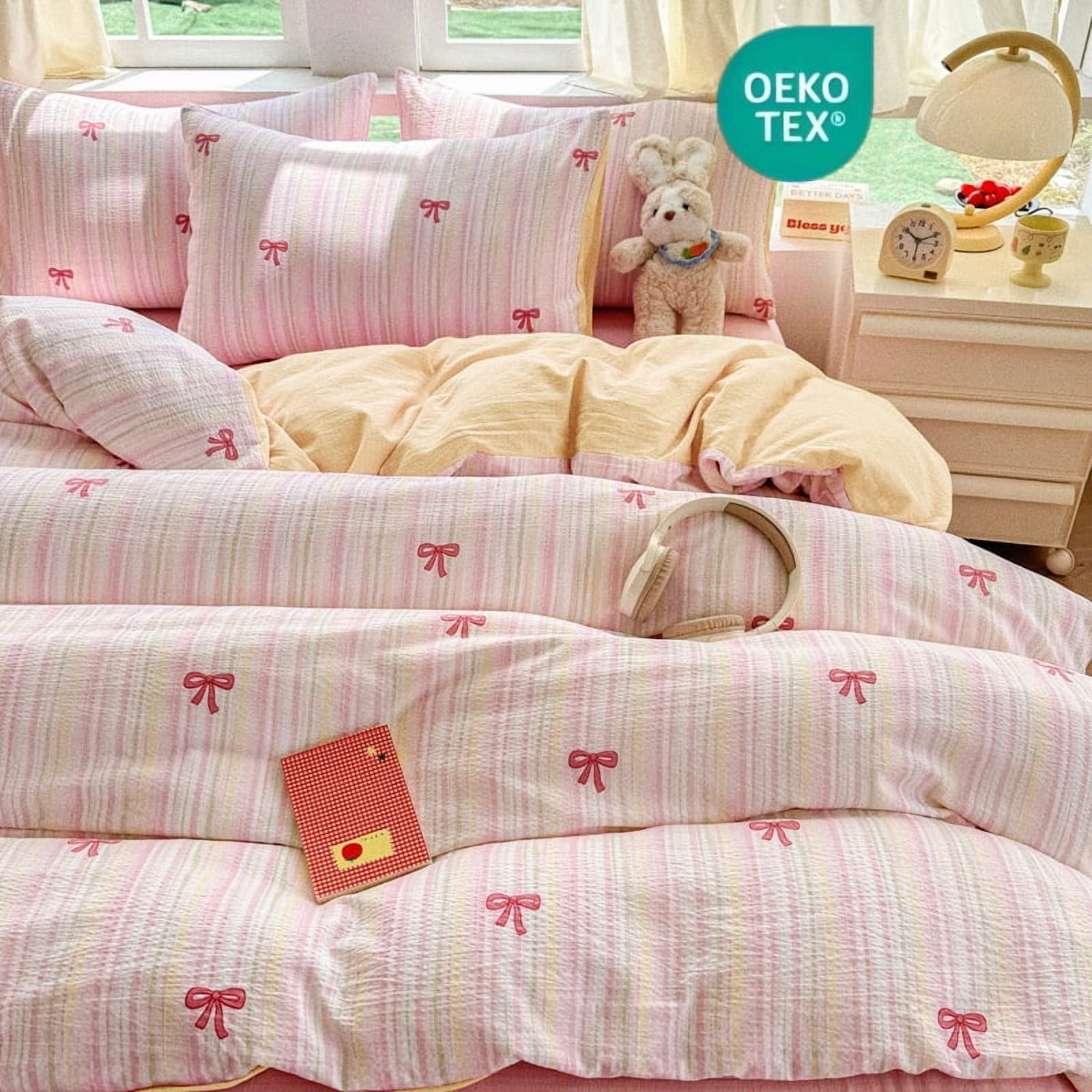 JOLUSERE 2-Piece Colourful Striped Girls Duvet Cover Twin Set, Reversible Pink Bows Soft Bedding Sets for Kids