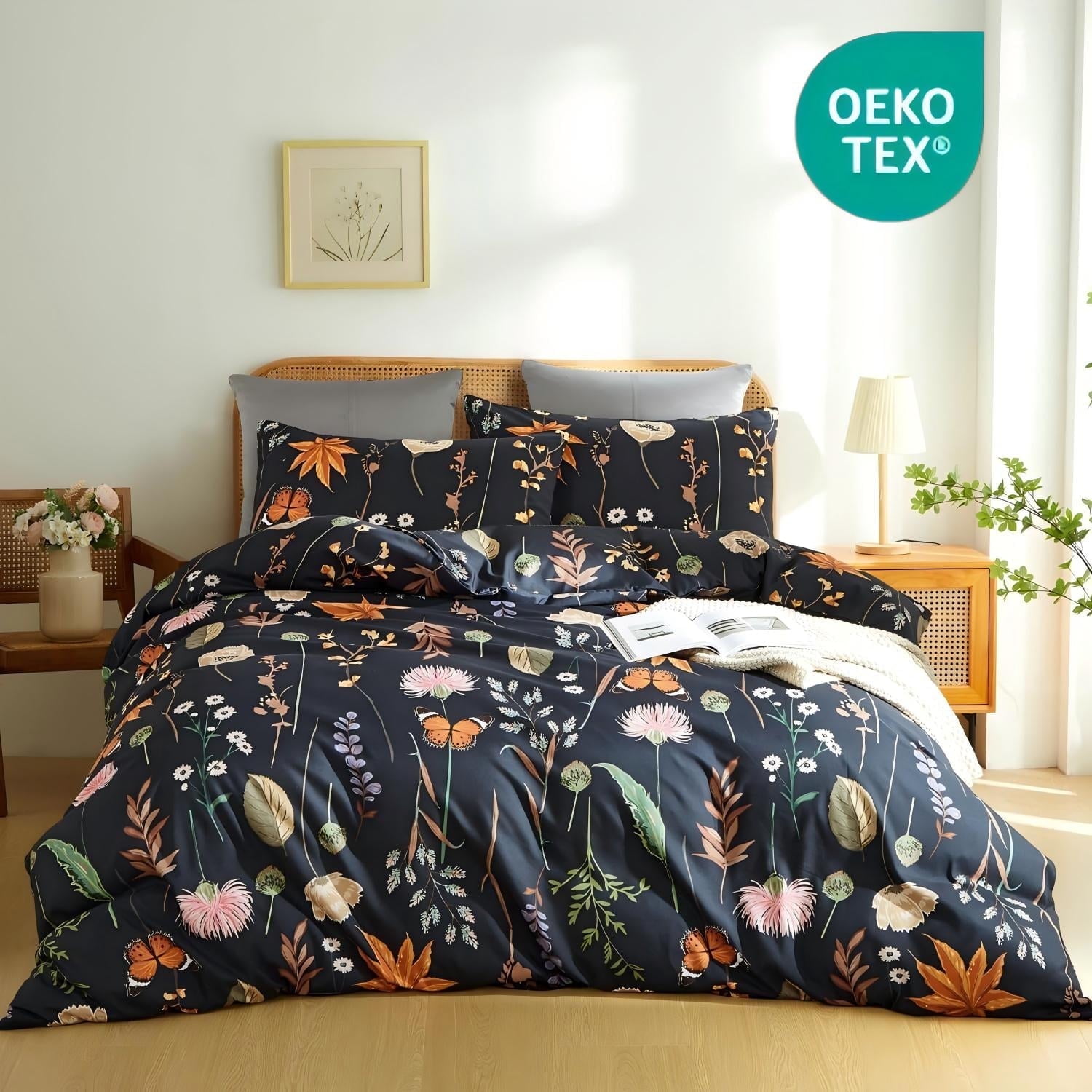 JOLUSERE 2 Piece Duvet Cover Sets Twin Soft Breathable Washed Microfiber Boho Floral Butterfly Duvet Cover, Black