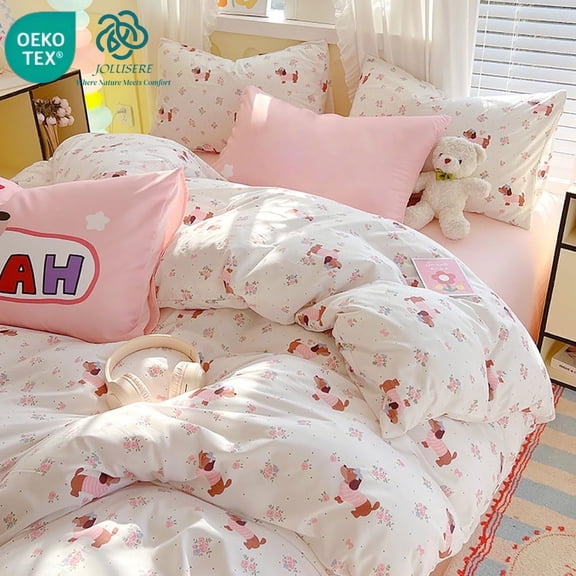 JOLUSERE 2-Piece Pink White Flowers Dachshund Comforter Twin Set , Soft Pink Dachshund Bedding Set for Kids Adults