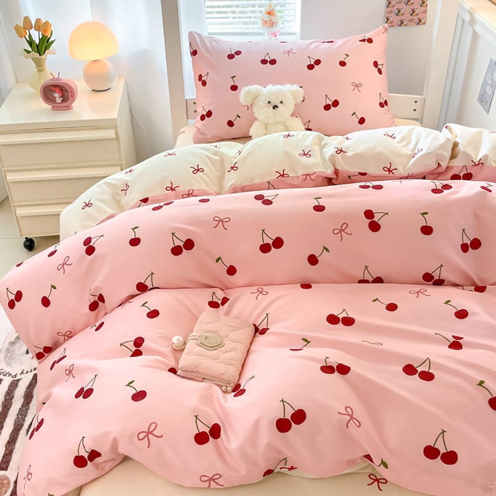 JOLUSERE 2-Piece Red Cherries with Pink Bows Comforter Twin Set , Soft Aesthetic Cherry Pattern Bedding Set for Kids Adults