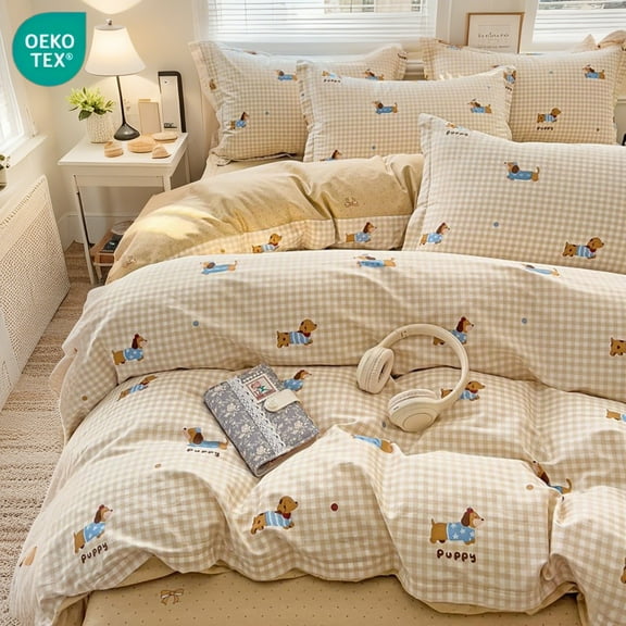 JOLUSERE 3-Piece Beige Gingham Puppy Pattern Comforter Full Set , Soft Blue Dachshund Bedding Set for Kids Adults