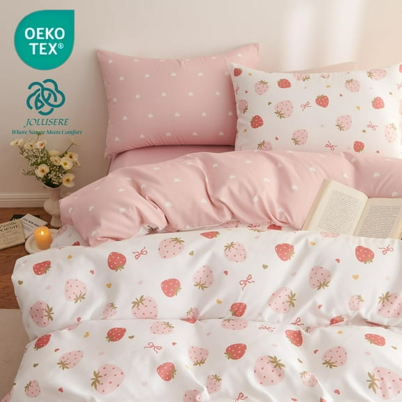 JOLUSERE 3-Piece Pink White Strawberry Comforter Queen Set, Soft Bedding Set for Kids Adults