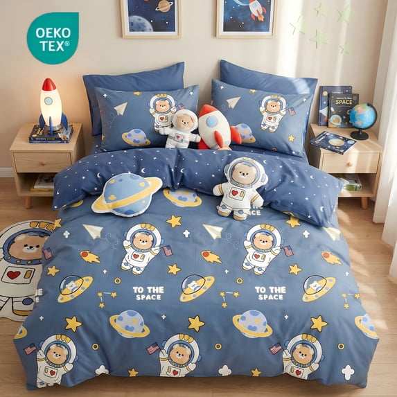JOLUSERE 3-Piece Outer Space Blue Comforter Queen Set,Soft Bear Astronaut Planet Quilt Bedding Set for Kids Boys