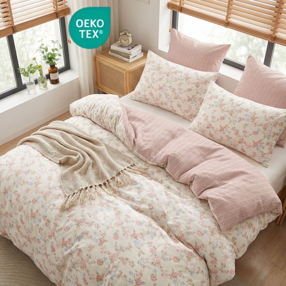 JOLUSERE 3-Piece Pink Blue Floral Reversible Comforter King Set, Soft Pink Striped Quilt Bedding Set for Adults
